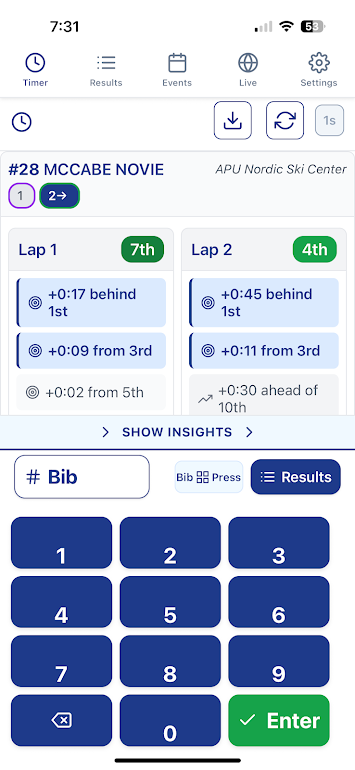Split timing with number pad entry